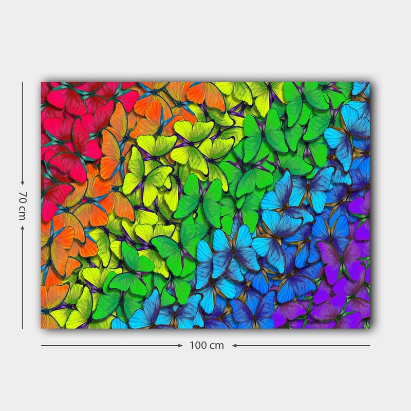 Canvastavla 70x100 cm - Färgglad samling av fjärilar i olika nyanser som skapar en livfull och harmonisk komposition - Grön / Blå / Orange - Inredning & dekor - Tavlor & konst - Canvastavla