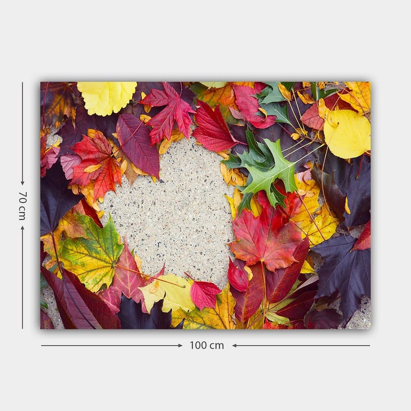Canvastavla 70x100 cm - Färgglad samling av höstlöv i olika nyanser som omger en grå yta - Röd / Gul / Grön - Inredning & dekor - Tavlor & konst - Canvastavla