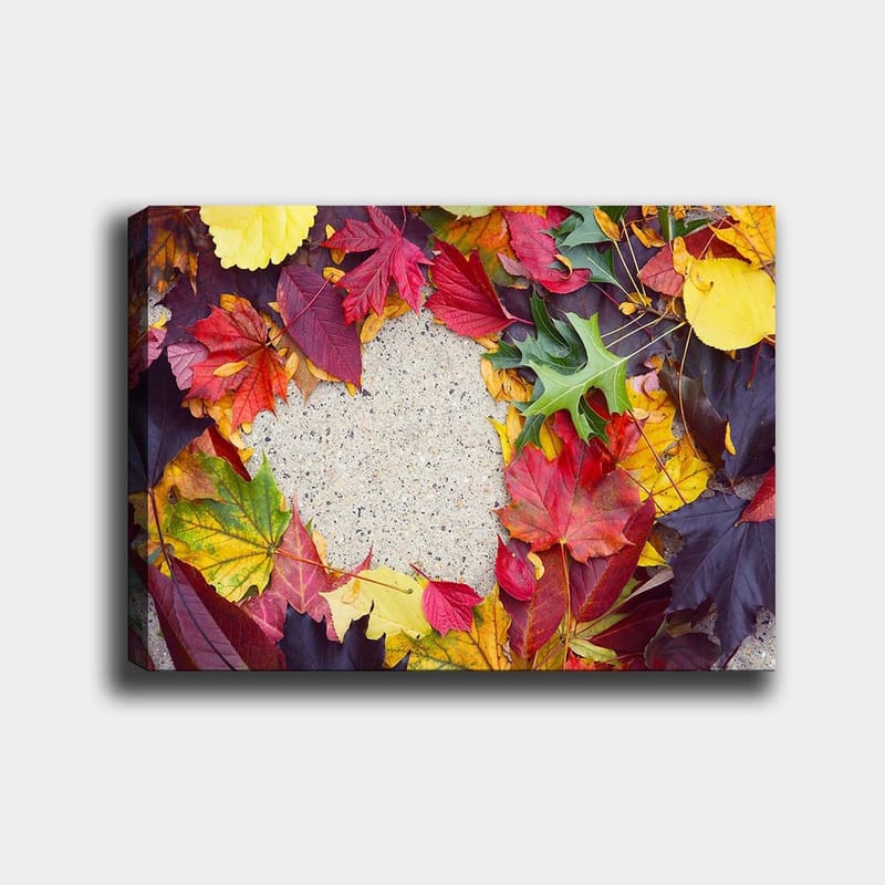 Canvastavla 70x100 cm - Färgglad samling av höstlöv i olika nyanser som omger en grå yta - Röd / Gul / Grön - Inredning & dekor - Tavlor & konst - Canvastavla