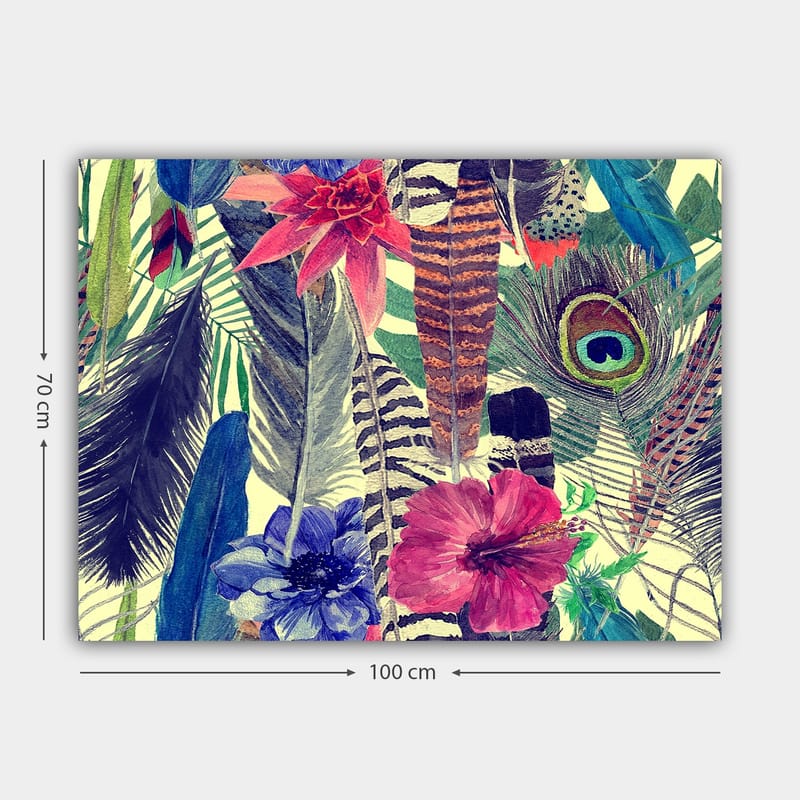 Canvastavla 70x100 cm - Färgglad samling av tropiska blommor och fjädrar - Grön / Rosa / Blå - Inredning & dekor - Tavlor & konst - Canvastavla
