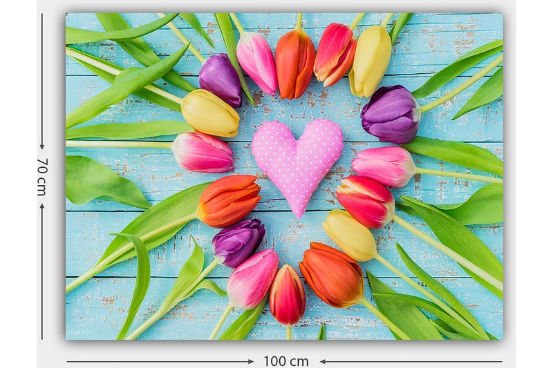 Canvastavla 70x100 cm - Färgglad samling av tulpaner i form av ett hjärta med en rosa prydnad i mitten - Rosa / Lila / Orange - Inredning & dekor - Tavlor & konst - Canvastavla