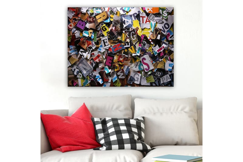 Canvastavla 70x100 cm - Färgglad samling av utskurna bokstäver och ord i olika typsnitt och storlekar - Gul / Röd / Blå - Inredning & dekor - Tavlor & konst - Canvastavla