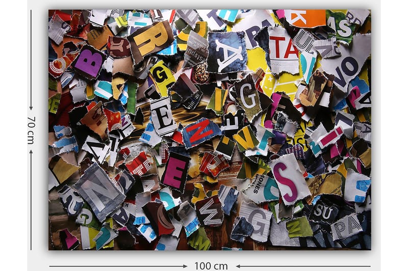 Canvastavla 70x100 cm - Färgglad samling av utskurna bokstäver och ord i olika typsnitt och storlekar - Gul / Röd / Blå - Inredning & dekor - Tavlor & konst - Canvastavla