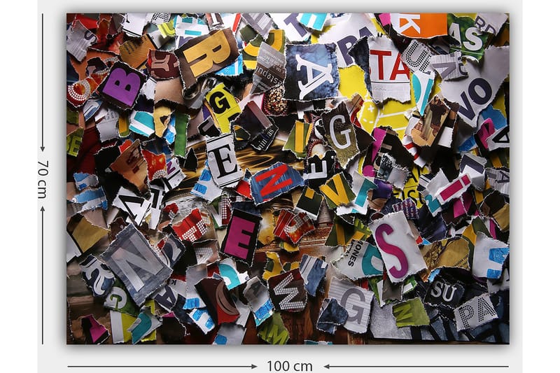 Canvastavla 70x100 cm - Färgglad samling av utskurna bokstäver och ord i olika typsnitt och storlekar - Gul / Röd / Blå - Inredning & dekor - Tavlor & konst - Canvastavla