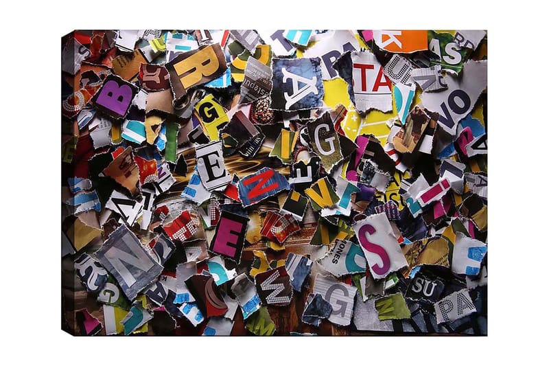 Canvastavla 70x100 cm - Färgglad samling av utskurna bokstäver och ord i olika typsnitt och storlekar, Gul / Röd / Blå