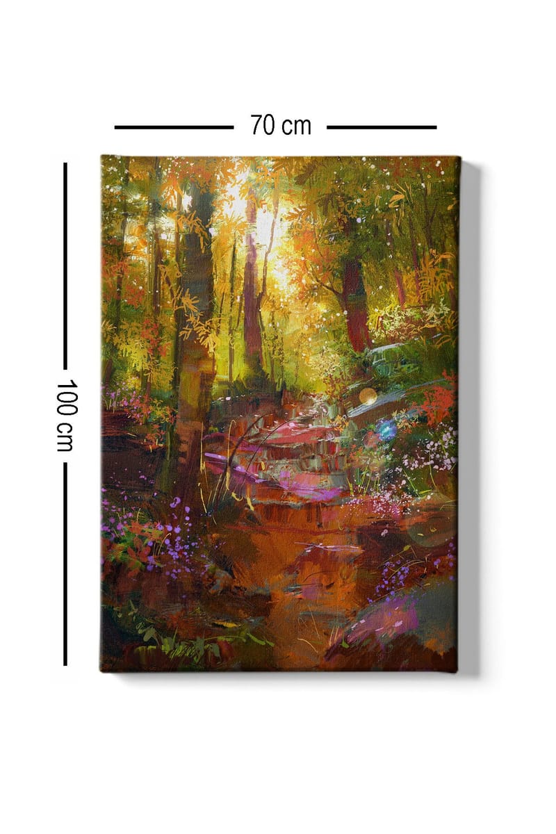 Canvastavla 70x100 cm - Färgglad skogsscen med en slingrande stig och blommor som blomstrar i ljuset - Grön / Orange / Lila - Inredning & dekor - Tavlor & konst - Canvastavla