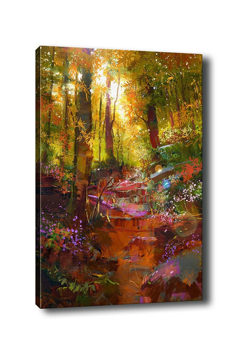 Canvastavla 70x100 cm - Färgglad skogsscen med en slingrande stig och blommor som blomstrar i ljuset - Grön / Orange / Lila - Inredning & dekor - Tavlor & konst - Canvastavla
