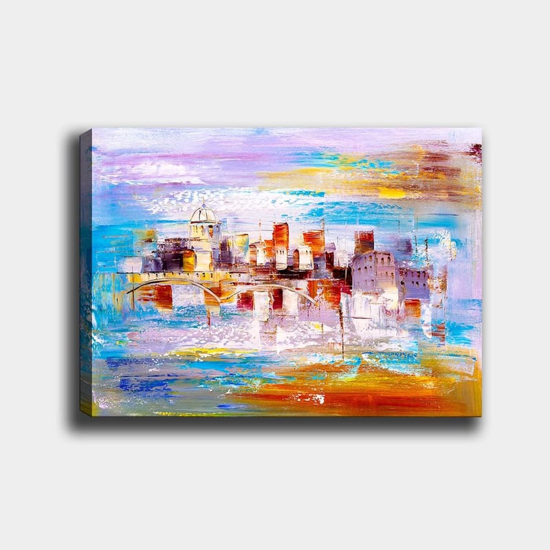 Canvastavla 70x100 cm - Färgglad stadsbild med en bro som sträcker sig över en vattenyta - Blå / Orange / Lila - Inredning & dekor - Tavlor & konst - Canvastavla