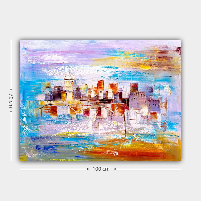 Canvastavla 70x100 cm - Färgglad stadsbild med en bro som sträcker sig över en vattenyta - Blå / Orange / Lila - Inredning & dekor - Tavlor & konst - Canvastavla