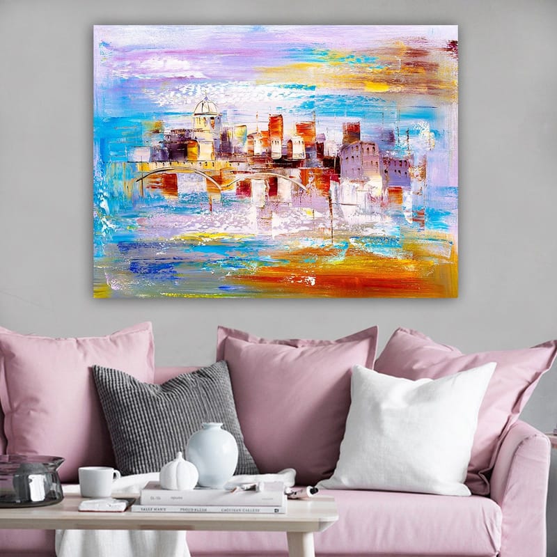 Canvastavla 70x100 cm - Färgglad stadsbild med en bro som sträcker sig över en vattenyta - Blå / Orange / Lila - Inredning & dekor - Tavlor & konst - Canvastavla