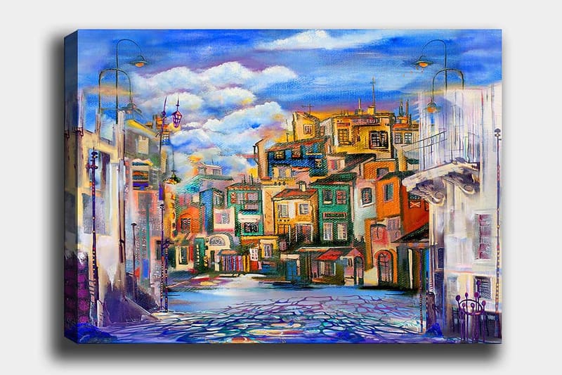 Canvastavla 70x100 cm - Färgglad stadsbild med hus i olika nyanser och en klar himmel - Blå / Grön / Orange - Inredning & dekor - Tavlor & konst - Canvastavla