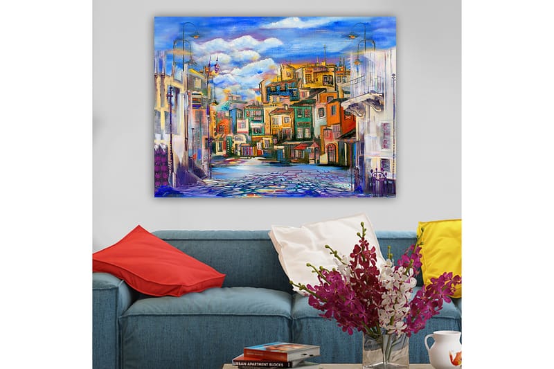 Canvastavla 70x100 cm - Färgglad stadsbild med hus i olika nyanser och en klar himmel - Blå / Grön / Orange - Inredning & dekor - Tavlor & konst - Canvastavla