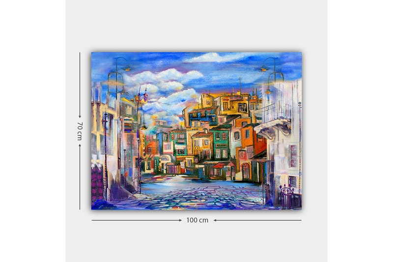 Canvastavla 70x100 cm - Färgglad stadsbild med hus i olika nyanser och en klar himmel - Blå / Grön / Orange - Inredning & dekor - Tavlor & konst - Canvastavla