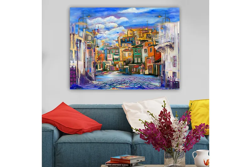 Canvastavla 70x100 cm - Färgglad stadsbild med hus i olika nyanser och en klar himmel - Blå / Grön / Orange - Inredning & dekor - Tavlor & konst - Canvastavla