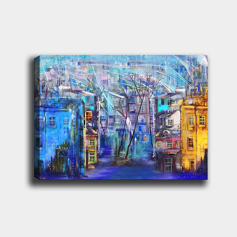 Canvastavla 70x100 cm - Färgglad stadsbild med hus i olika nyanser och träd under en regnig himmel - Blå / Gul / Lila - Inredning & dekor - Tavlor & konst - Canvastavla
