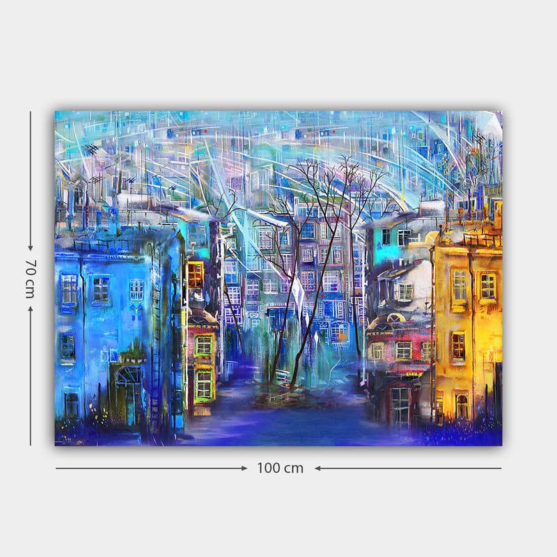Canvastavla 70x100 cm - Färgglad stadsbild med hus i olika nyanser och träd under en regnig himmel - Blå / Gul / Lila - Inredning & dekor - Tavlor & konst - Canvastavla