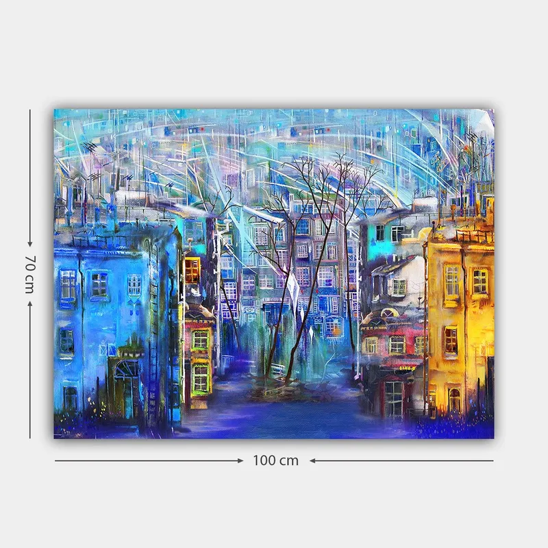 Canvastavla 70x100 cm - Färgglad stadsbild med hus i olika nyanser och träd under en regnig himmel - Blå / Gul / Lila - Inredning & dekor - Tavlor & konst - Canvastavla