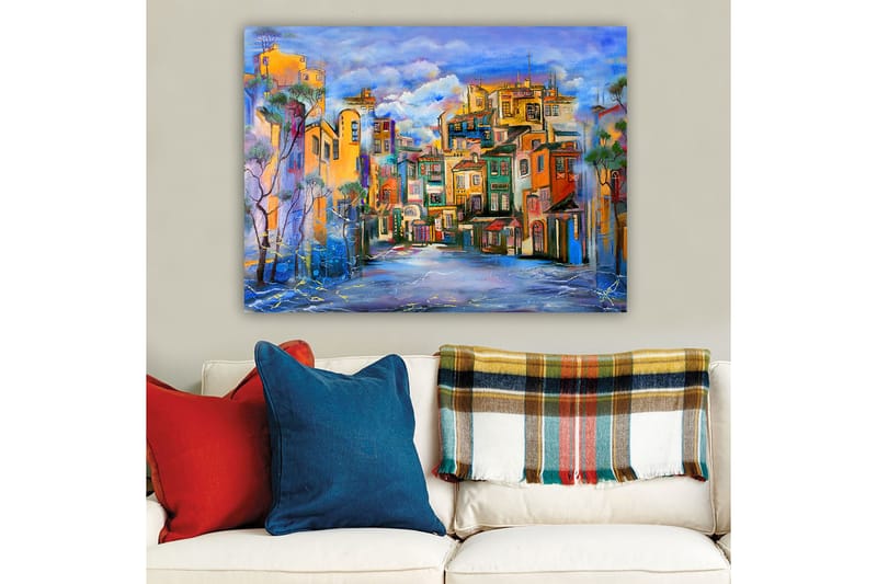 Canvastavla 70x100 cm - Färgglad stadsbild med hus i olika nyanser som skapar en livlig atmosfär - Gult / Grönt / Blått - Inredning & dekor - Tavlor & konst - Canvastavla