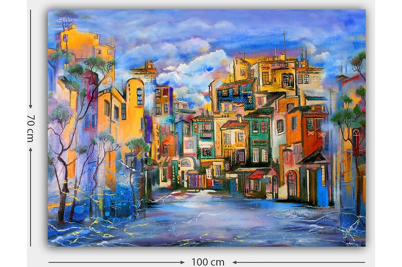 Canvastavla 70x100 cm - Färgglad stadsbild med hus i olika nyanser som skapar en livlig atmosfär - Gult / Grönt / Blått - Inredning & dekor - Tavlor & konst - Canvastavla