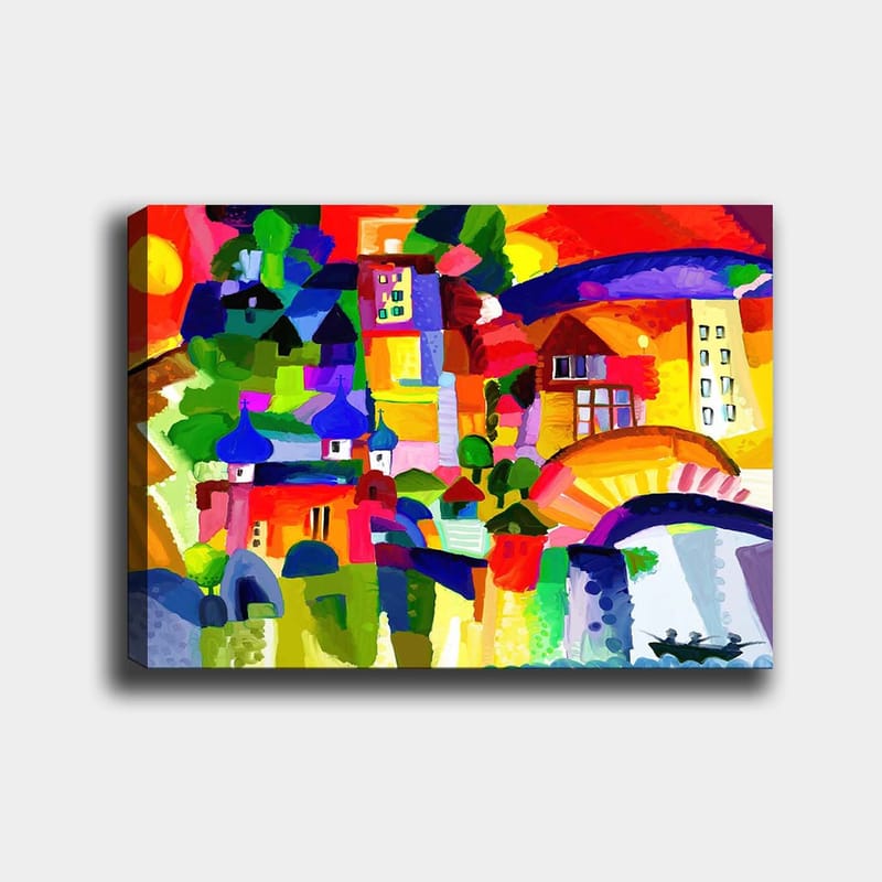 Canvastavla 70x100 cm - Färgglad stadsscen med torn och byggnader under en solig himmel - Röd / Grön / Blå - Inredning & dekor - Tavlor & konst - Canvastavla