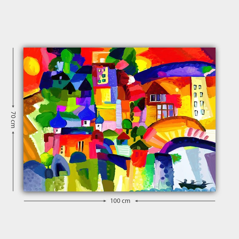 Canvastavla 70x100 cm - Färgglad stadsscen med torn och byggnader under en solig himmel - Röd / Grön / Blå - Inredning & dekor - Tavlor & konst - Canvastavla