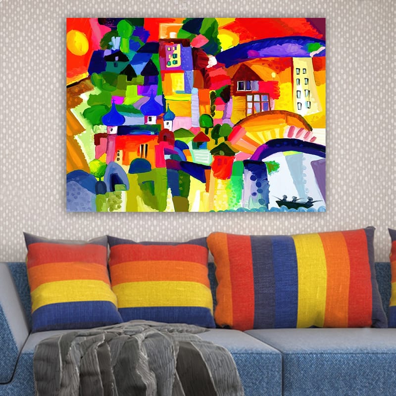 Canvastavla 70x100 cm - Färgglad stadsscen med torn och byggnader under en solig himmel - Röd / Grön / Blå - Inredning & dekor - Tavlor & konst - Canvastavla