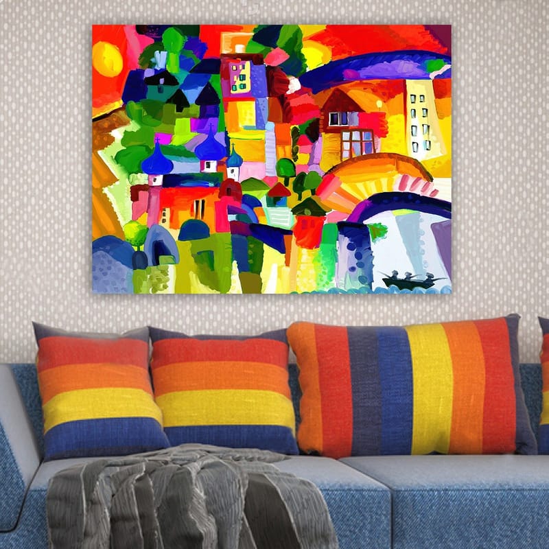 Canvastavla 70x100 cm - Färgglad stadsscen med torn och byggnader under en solig himmel - Röd / Grön / Blå - Inredning & dekor - Tavlor & konst - Canvastavla