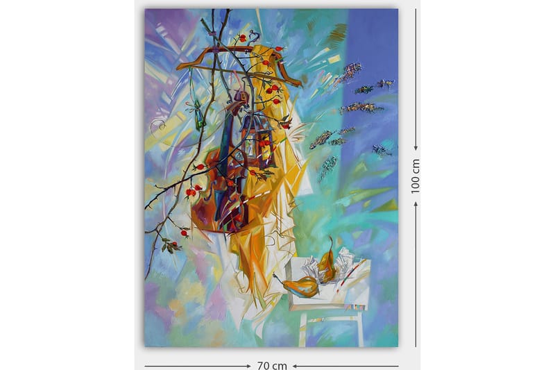 Canvastavla 70x100 cm - Färgglad stilleben med kläder hängande på en galge, omgiven av frukt och blommor - Gul / Blå / Grön - Inredning & dekor - Tavlor & konst - Canvastavla