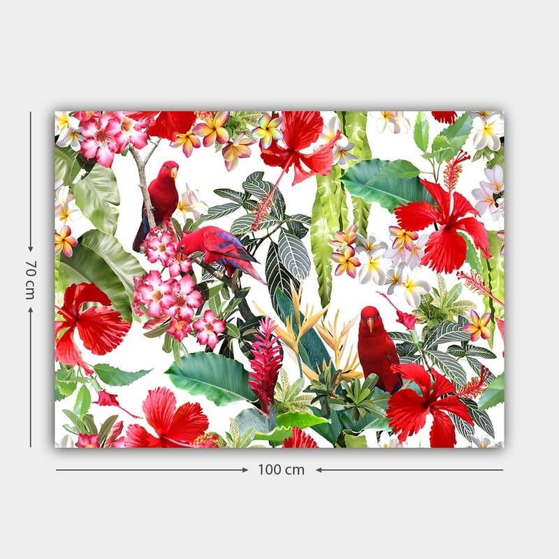 Canvastavla 70x100 cm - Färgglad tropisk flora med röda papegojor och blommor - Röd / Grön / Rosa - Inredning & dekor - Tavlor & konst - Canvastavla
