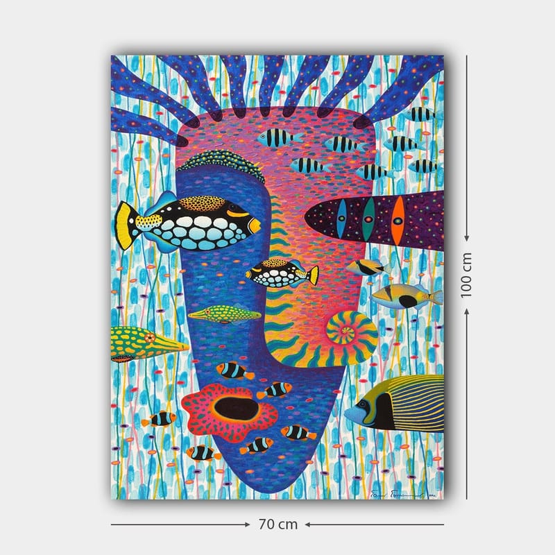 Canvastavla 70x100 cm - Färgglad undervattensscen med olika fiskar och ett ansiktsmotiv i bakgrunden - Blå / Rosa / Gul - Inredning & dekor - Tavlor & konst - Canvastavla