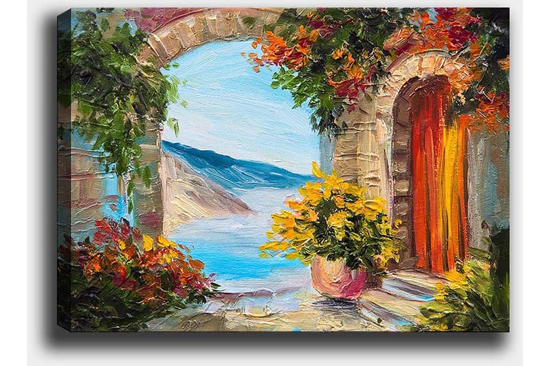 Canvastavla 70x100 cm - Färgglad utsikt genom en båge med blommor och hav i bakgrunden - Blå / Orange / Grön - Inredning & dekor - Tavlor & konst - Canvastavla