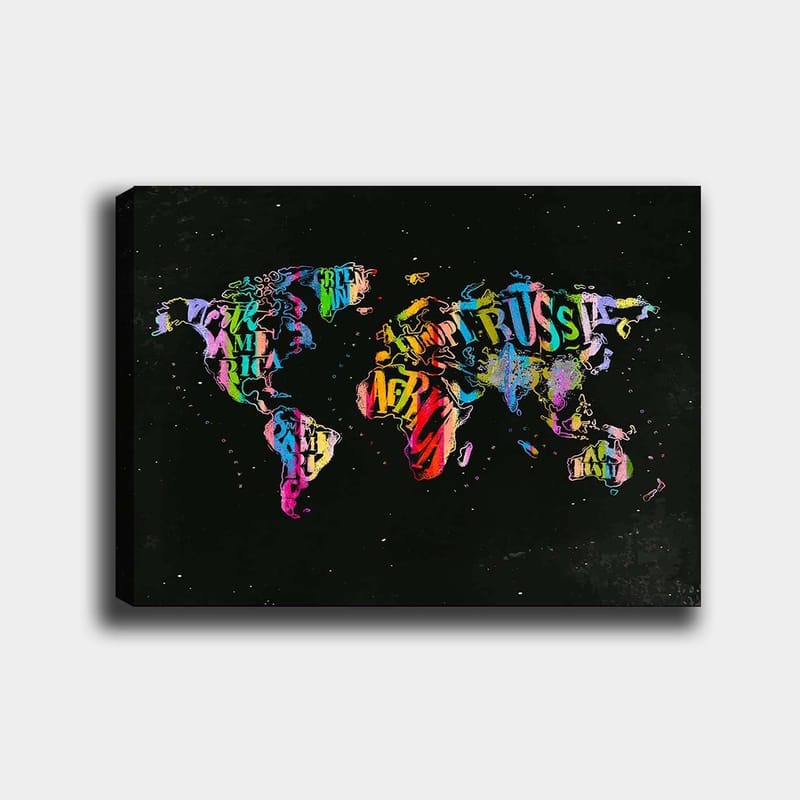 Canvastavla 70x100 cm - Färgglad världskarta skapad av text och symboler som representerar olika länder, Lila / Röd / Grön