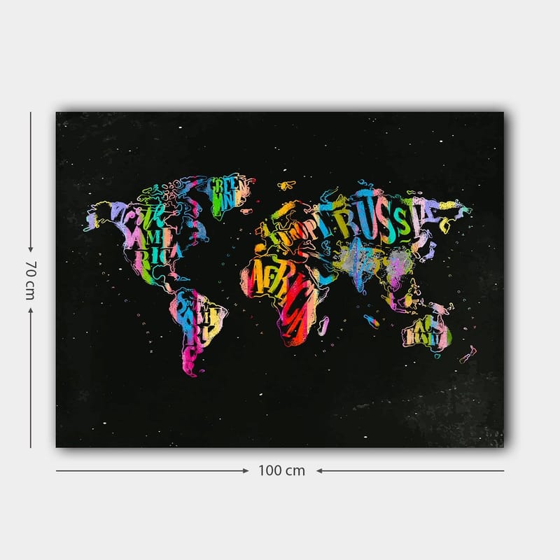 Canvastavla 70x100 cm - Färgglad världskarta skapad av text och symboler som representerar olika länder - Lila / Röd / Grön - Inredning & dekor - Tavlor & konst - Canvastavla