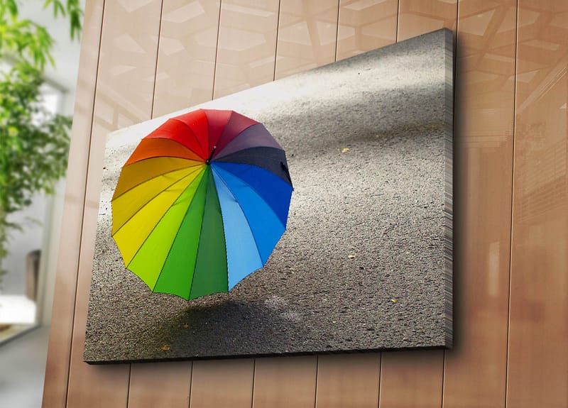 Canvastavla 70x100 cm - Färgglad paraply som står på en grå yta - Röd / Grön / Blå - Inredning & dekor - Tavlor & konst - Canvastavla