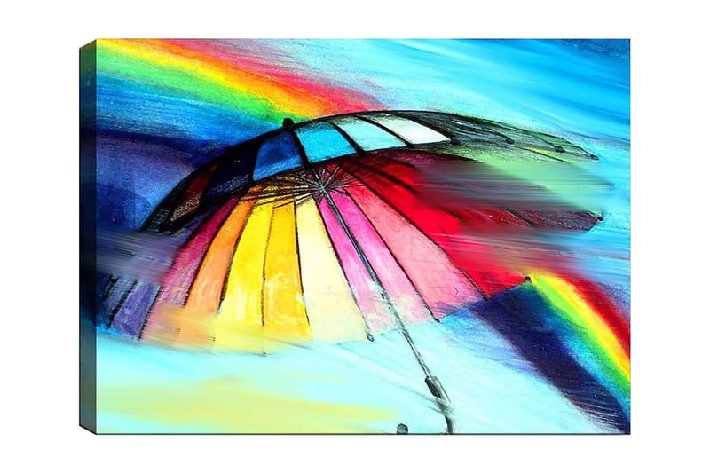 Canvastavla 70x100 cm - Färgglad paraply med regnbåge i bakgrunden - Röd / Gul / Blå - Inredning & dekor - Tavlor & konst - Canvastavla