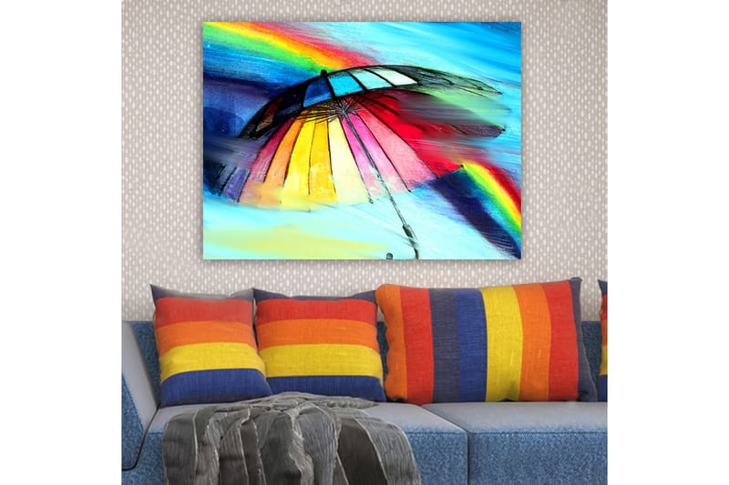 Canvastavla 70x100 cm - Färgglad paraply med regnbåge i bakgrunden - Röd / Gul / Blå - Inredning & dekor - Tavlor & konst - Canvastavla