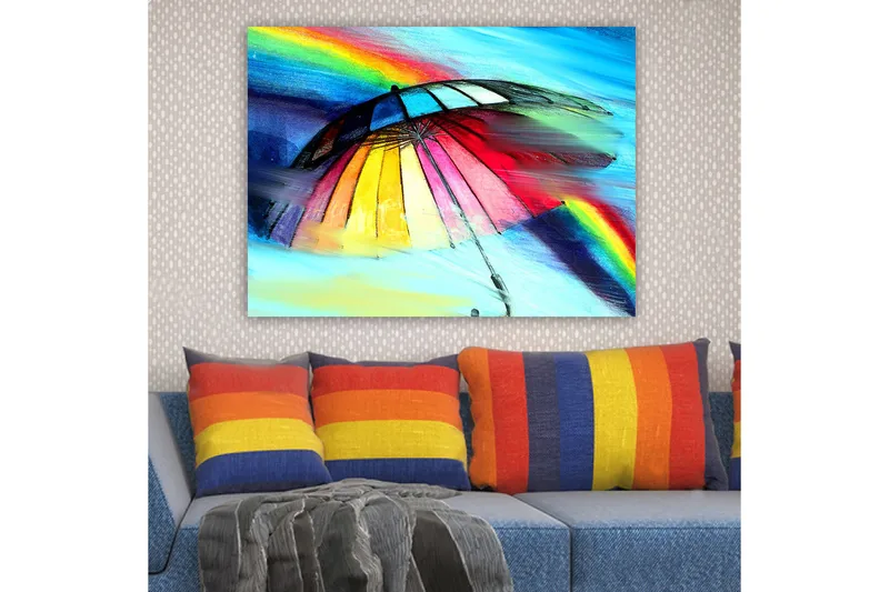 Canvastavla 70x100 cm - Färgglad paraply med regnbåge i bakgrunden - Röd / Gul / Blå - Inredning & dekor - Tavlor & konst - Canvastavla