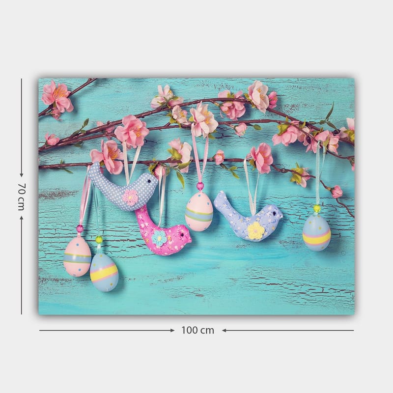 Canvastavla 70x100 cm - Färgglada fåglar och ägg hängande på en gren med blommor - Blå / Rosa / Grön - Inredning & dekor - Tavlor & konst - Canvastavla