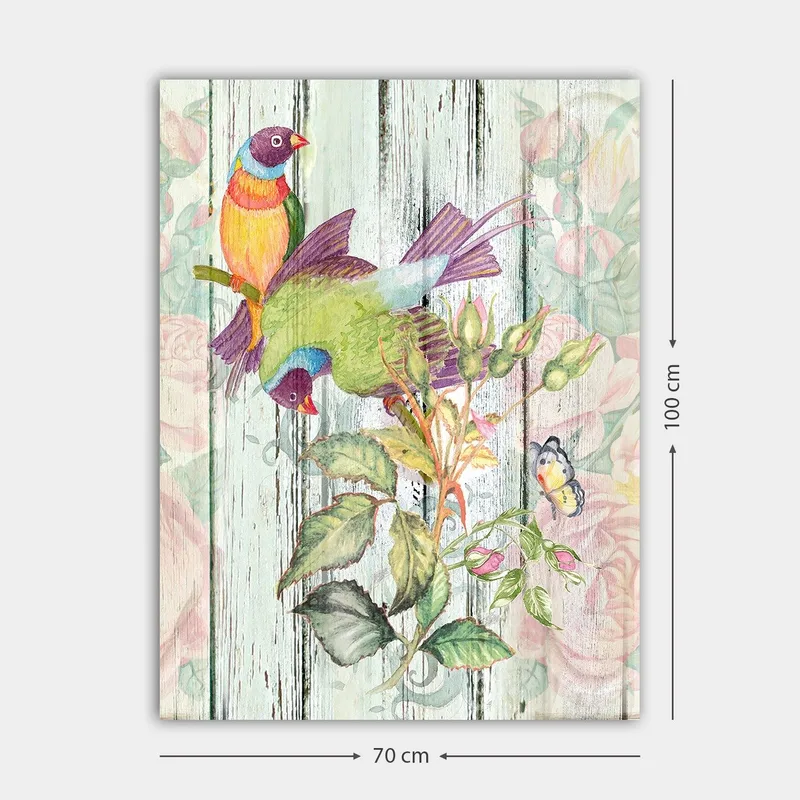 Canvastavla 70x100 cm - Färgglada fåglar som sitter på en blomstrande gren - Grön / Blå / Orange - Inredning & dekor - Tavlor & konst - Canvastavla