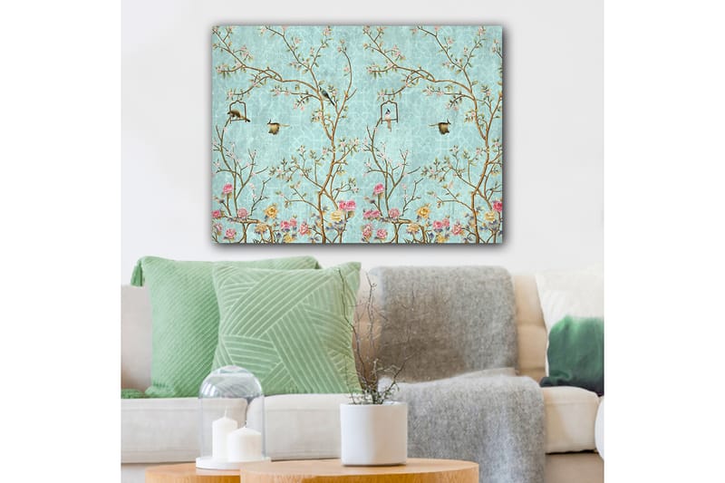 Canvastavla 70x100 cm - Färgglada fåglar som sitter på grenar med blommor mot en ljusblå bakgrund - Ljusblå / Rosa / Brun - Inredning & dekor - Tavlor & konst - Canvastavla