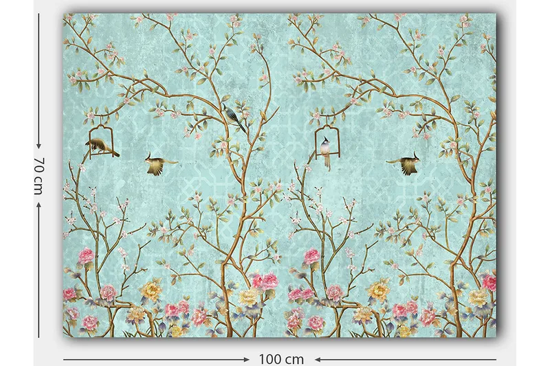 Canvastavla 70x100 cm - Färgglada fåglar som sitter på grenar med blommor mot en ljusblå bakgrund - Ljusblå / Rosa / Brun - Inredning & dekor - Tavlor & konst - Canvastavla