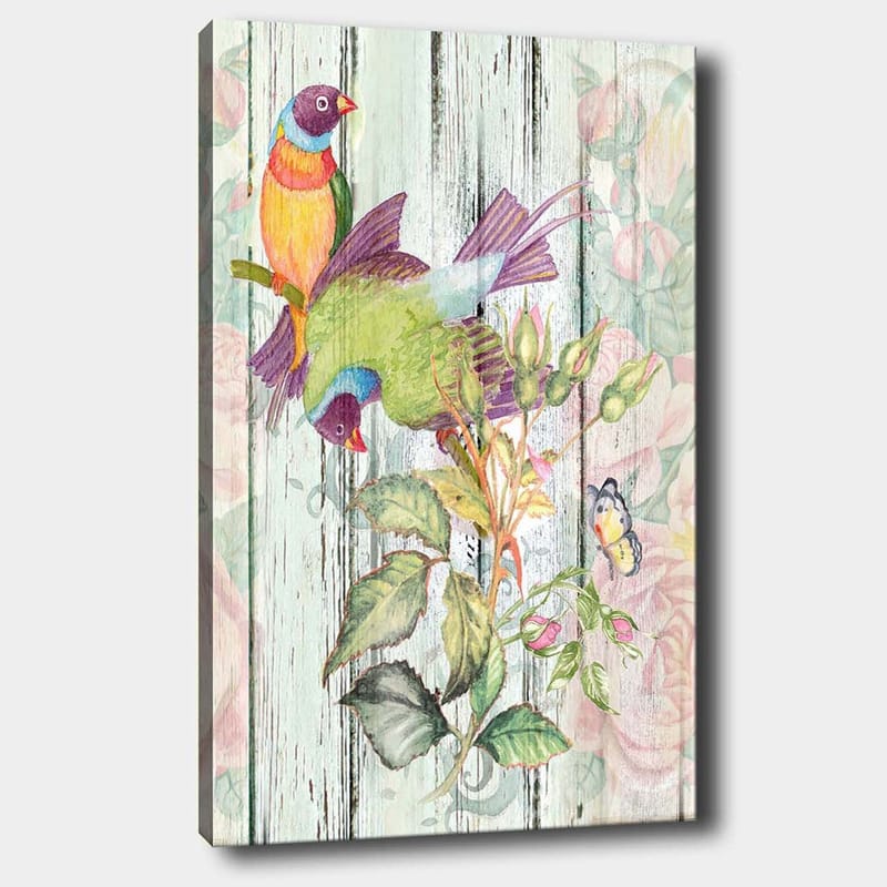 Canvastavla 70x100 cm - Färgglada fåglar som sitter på en blomstrande gren - Grön / Blå / Orange - Inredning & dekor - Tavlor & konst - Canvastavla