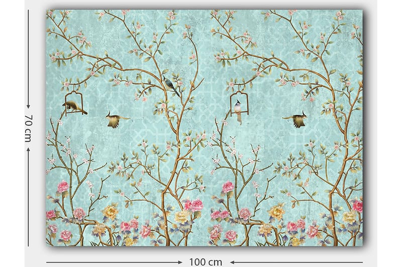 Canvastavla 70x100 cm - Färgglada fåglar som sitter på grenar med blommor mot en ljusblå bakgrund - Ljusblå / Rosa / Brun - Inredning & dekor - Tavlor & konst - Canvastavla