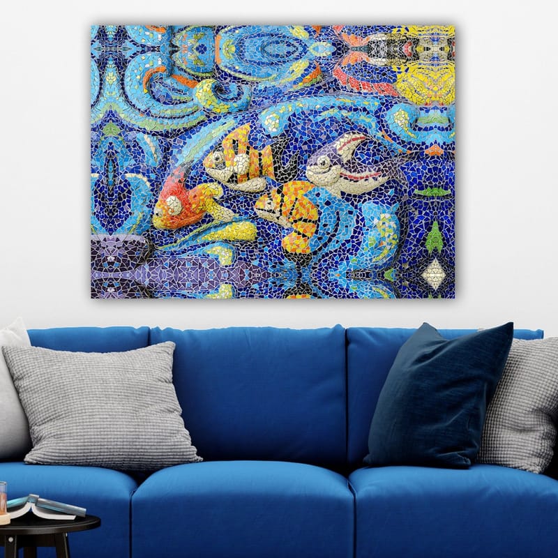 Canvastavla 70x100 cm - Färgglada fiskar simmar i en livlig undervattensmiljö - Blå / Orange / Gul - Inredning & dekor - Tavlor & konst - Canvastavla