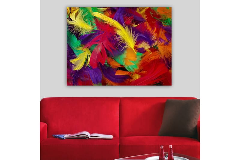 Canvastavla 70x100 cm - Färgglada fjädrar i en livlig sammansättning - Röd / Gul / Grön - Inredning & dekor - Tavlor & konst - Canvastavla