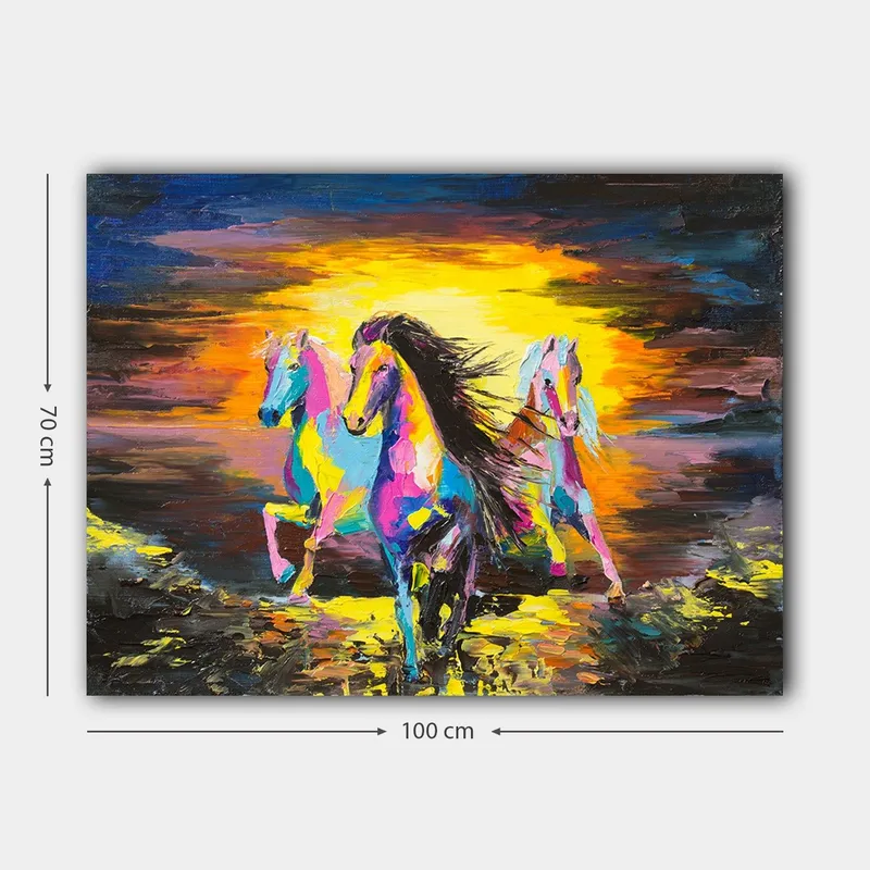 Canvastavla 70x100 cm - Färgglada hästar som galopperar mot en ljus bakgrund - Rosa / Gul / Blå - Inredning & dekor - Tavlor & konst - Canvastavla