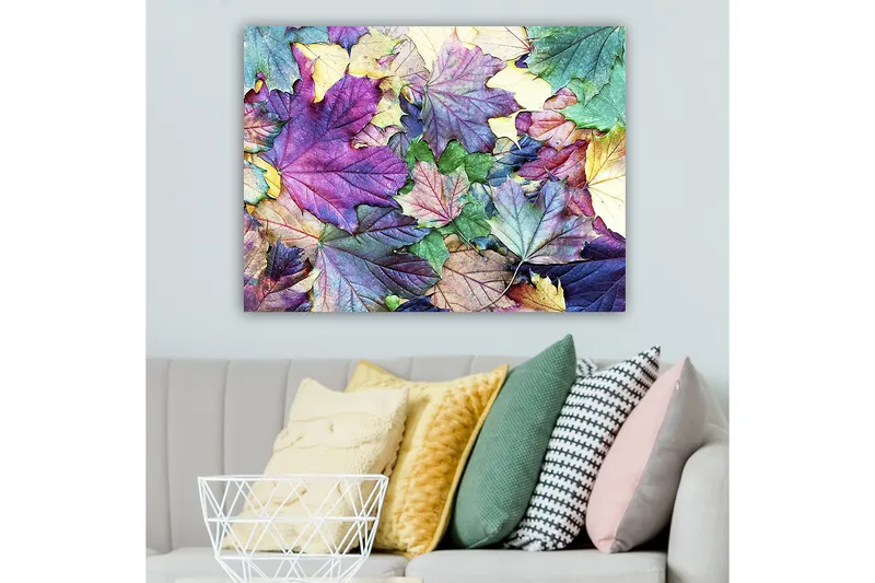 Canvastavla 70x100 cm - Färgglada höstlöv i en harmonisk komposition - Lila / Grön / Gul - Inredning & dekor - Tavlor & konst - Canvastavla