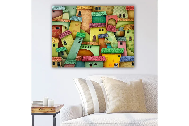 Canvastavla 70x100 cm - Färgglada hus i en fantasifull stadsbild, Grön / Gul / Röd