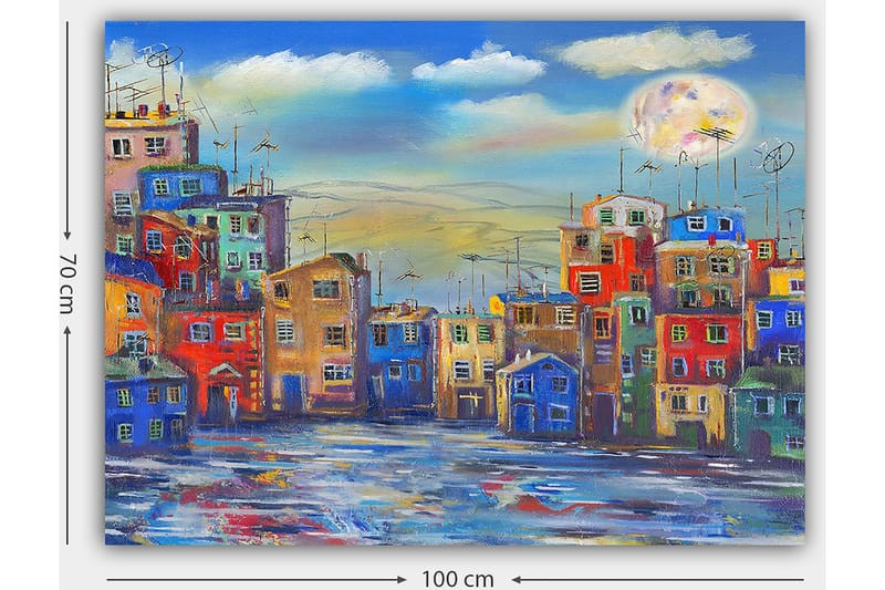 Canvastavla 70x100 cm - Färgglada hus i en stadsmiljö under en klar himmel med en stor måne - Blå / Röd / Gul - Inredning & dekor - Tavlor & konst - Canvastavla