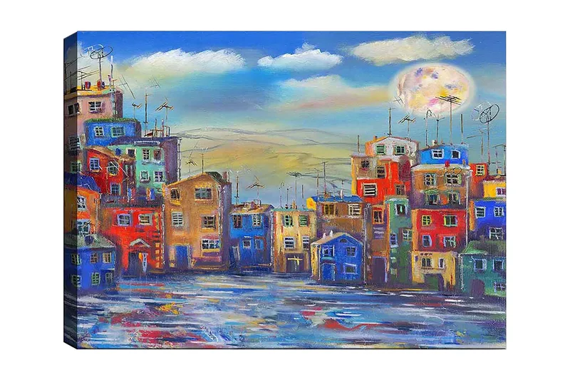 Canvastavla 70x100 cm - Färgglada hus i en stadsmiljö under en klar himmel med en stor måne, Blå / Röd / Gul